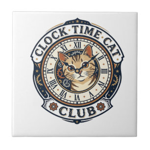 Clock Time Cat Cat Graphic Tee Art - Clock Time Ca Ceramic Tile