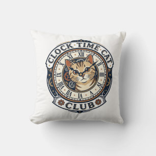 Clock Time Cat Cat Graphic Tee Art - Clock Time Ca Cushion