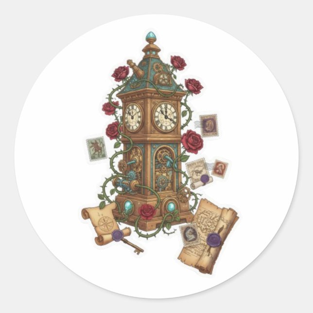 Clock Tower Fantasy Time Machine Illustration Classic Round Sticker (Front)
