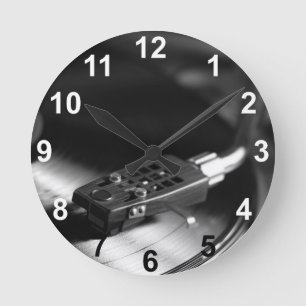 Clock: Vinyl Record on a Turntable. Vintage Theme Round Clock