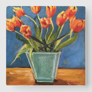 Clock with Red Orange Tulips