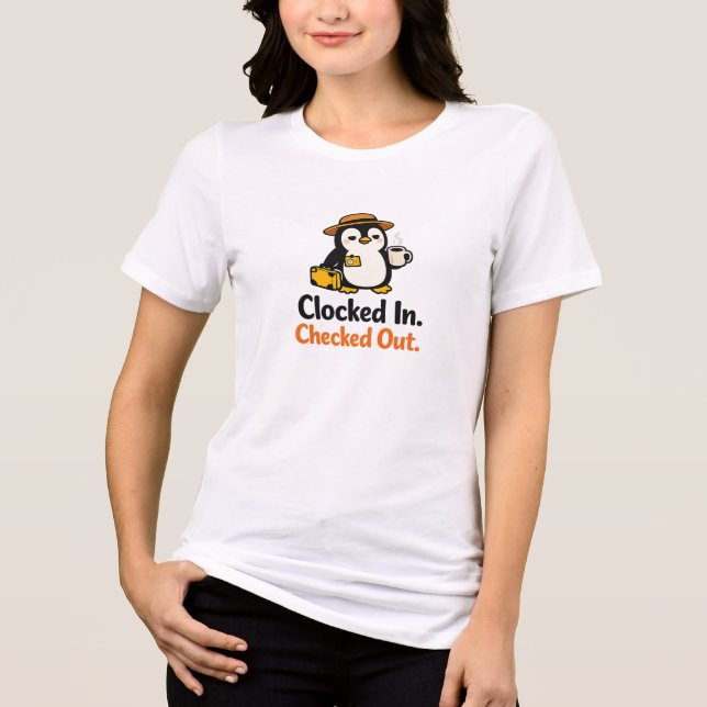 Clocked In Checked Out Funny Penguin Design Tri-Blend Shirt (Front)