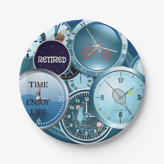 Clocks Galore: Retired...Time to Enjoy Life Paper Plate (Front)