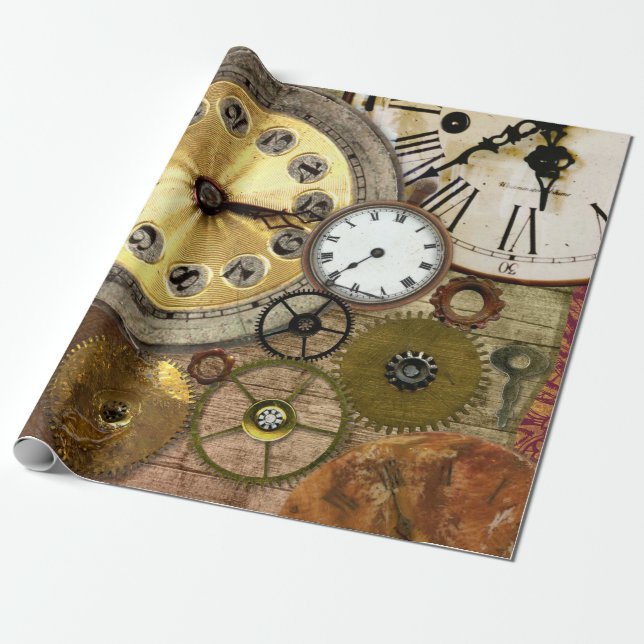 Clocks Rusty Old Steampunk Art Wrapping Paper (Unrolled)
