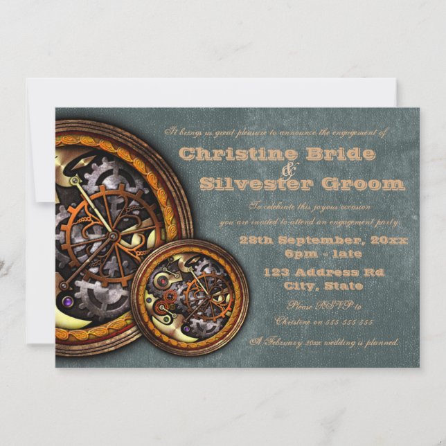 Clockwork and Leather, 5x7 engagement Invitation (Front)