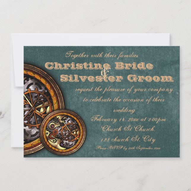 Clockwork and Leather, 5x7 wedding Invitation (Front)