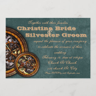 Clockwork and Leather, 5x7 wedding Invitation