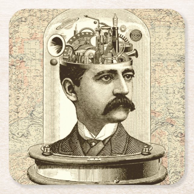 Clockwork Brain STEAMPUNK vintage Square Paper Coaster (Front)
