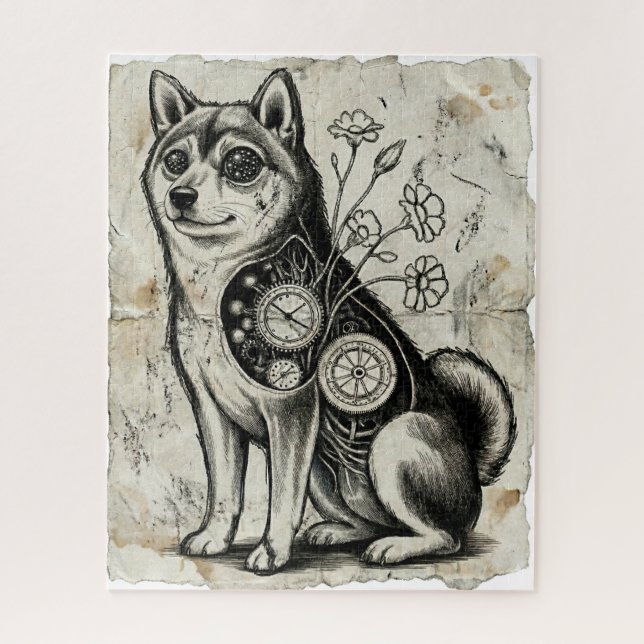 Clockwork Shiba – Gothic Overthinking Dog Puzzle (Vertical)