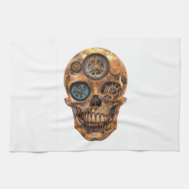 Clockwork Skull Fusion Tea Towel (Horizontal)