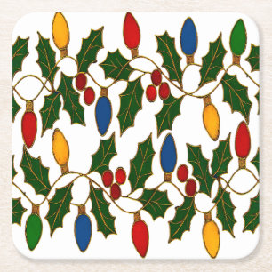 Cloisonne Art Christmas Lights and Holly Square Paper Coaster