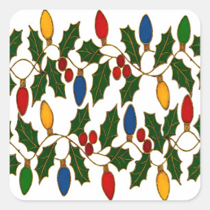 Cloisonne Art Christmas Lights and Holly Square Sticker