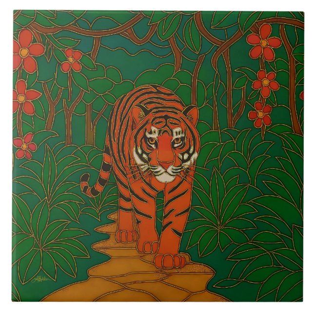 Cloisonne Art Tiger on the Jungle Path Ceramic Tile (Front)