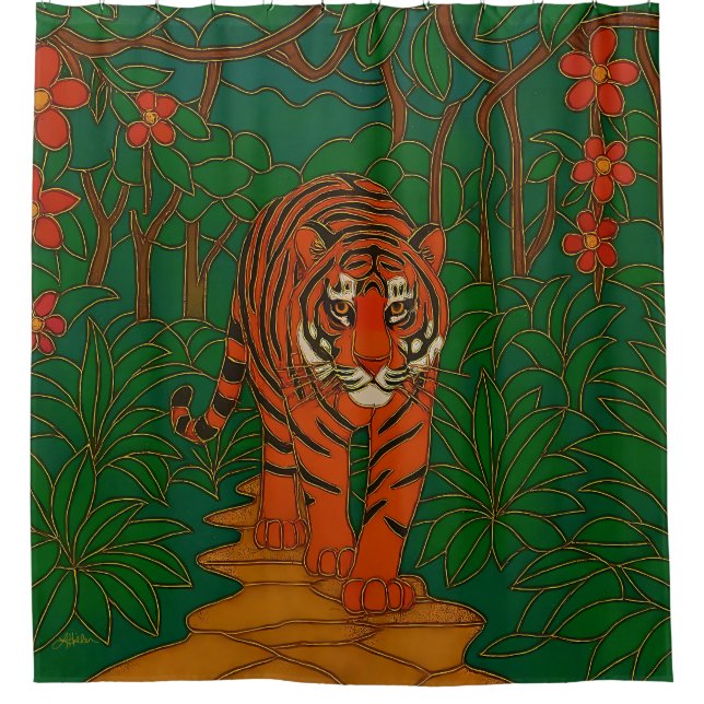 Cloisonne Art Tiger on the Jungle Path Shower Curtain (Front)