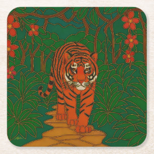 Cloisonne Art Tiger on the Jungle Path Square Paper Coaster