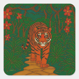 Cloisonne Art Tiger on the Jungle Path Square Sticker