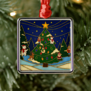 Cloisonne Art Whimsical Forest Classic Christmas  Metal Ornament