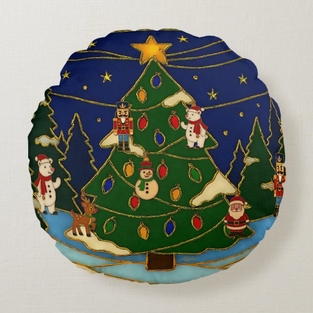 Cloisonne Art Whimsical Forest Classic Christmas  Round Cushion (Front)