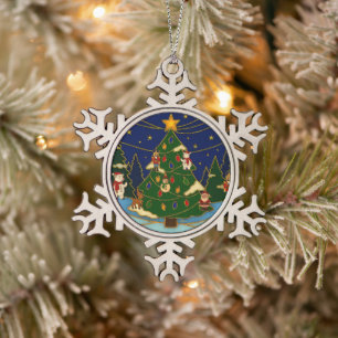 Cloisonne Art Whimsical Forest Classic Christmas  Snowflake Pewter Christmas Ornament