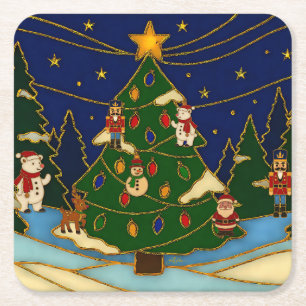 Cloisonne Art Whimsical Forest Classic Christmas Square Paper Coaster