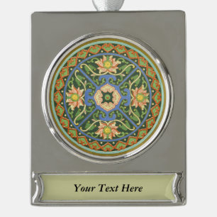 Cloisonne China Patter Asian Oriental Silver Plated Banner Ornament