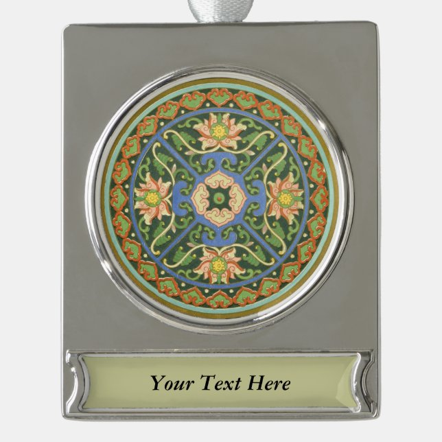 Cloisonne China Patter Asian Oriental Silver Plated Banner Ornament (Front)