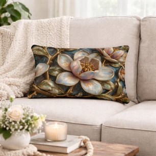 Cloisonné Magnolia Floral Blue Gold Quatrefoil  Decorative Cushion