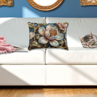 Cloisonné Magnolia Floral Blue Gold Quatrefoil  Decorative Cushion