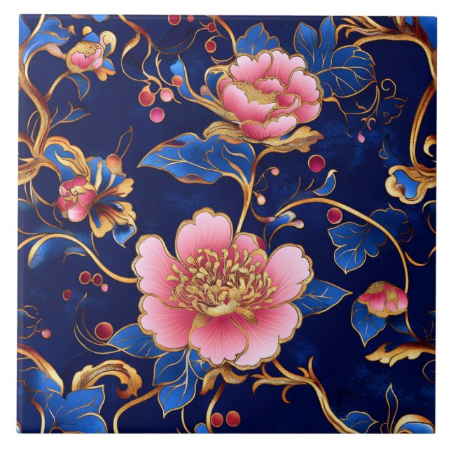 Cloisonne pink blue floral pattern tile (Front)