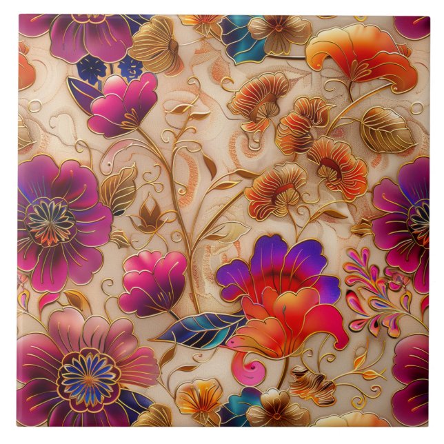 Cloisonne pink cream floral pattern tile (Front)