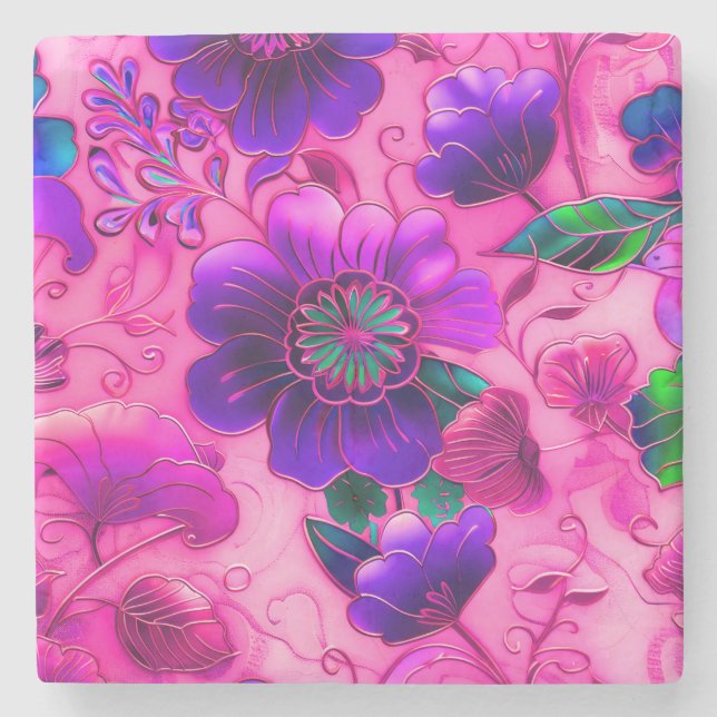 Cloisonne pink purple floral pattern stone coaster (Front)