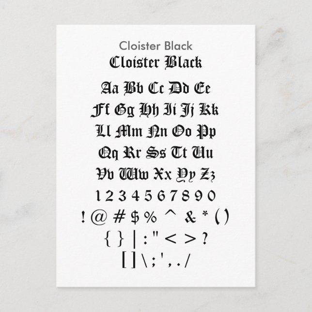 Cloister Black - Zazzle Font Sampler Sheet Postcard (Front)
