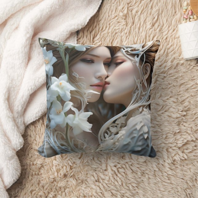 Close Embrace of Two Women Among Flowers Cushion (Blanket)