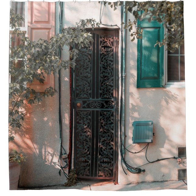 CLOSE GREEN WROUGHT IRON SECURITY DOOR SHOWER CURTAIN (Front)