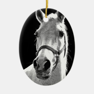 Close-up Black White Horse in Night Ceramic Ornament