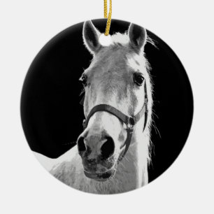 Close-up Black White Horse in Night Ceramic Tree Decoration