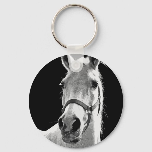 Close-up Black White Horse in Night Key Ring (Front)