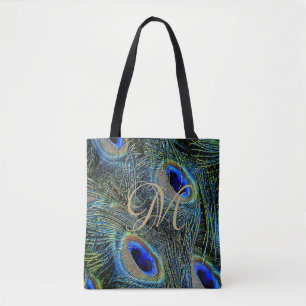 Close Up Colourful Peacock Feathers Gold Monogram Tote Bag