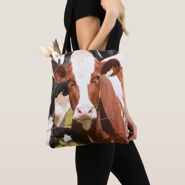 Close-up Face of Red, White Holstein Dairy Cow Tote Bag (Close Up)