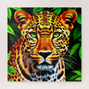 Close-Up Jaguar Leopard Face with Green Eyes Jigsaw Puzzle