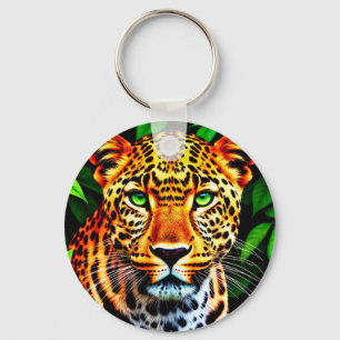 Close-Up Jaguar Leopard Face with Green Eyes Key Ring