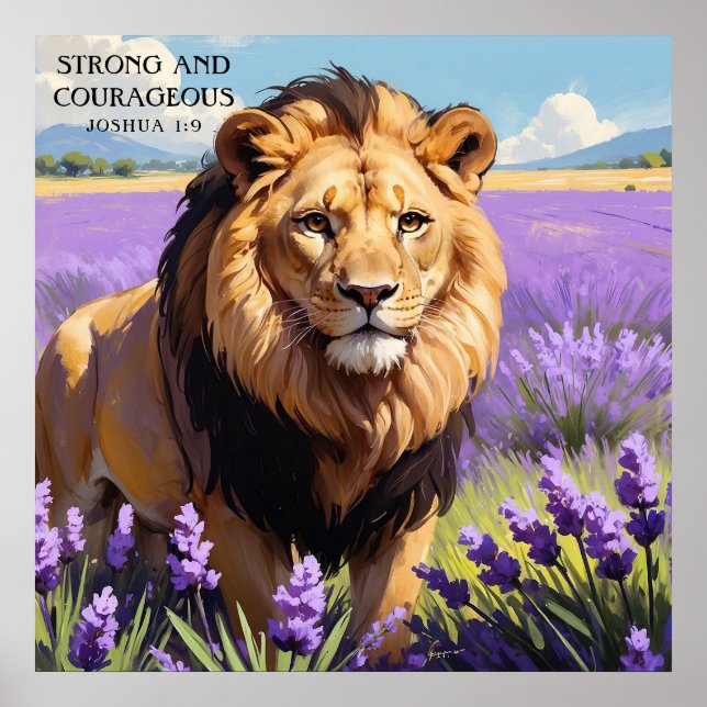 Close Up Lion in Lavender Flower Field Painting Poster (Front)