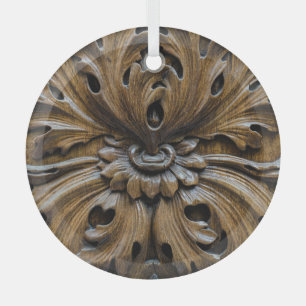 Close-Up Oak Wood Carving: Carpentry Detail Glass Tree Decoration