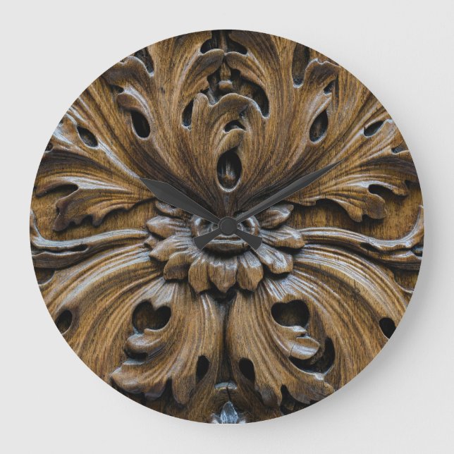 Close-Up Oak Wood Carving: Carpentry Detail Large Clock (Front)