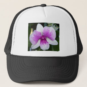 close up of a beautiful purple and white orchid trucker hat