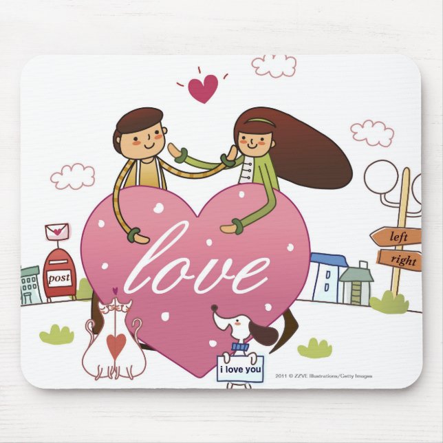 Close-up of a couple holding a heart shape mouse pad (Front)