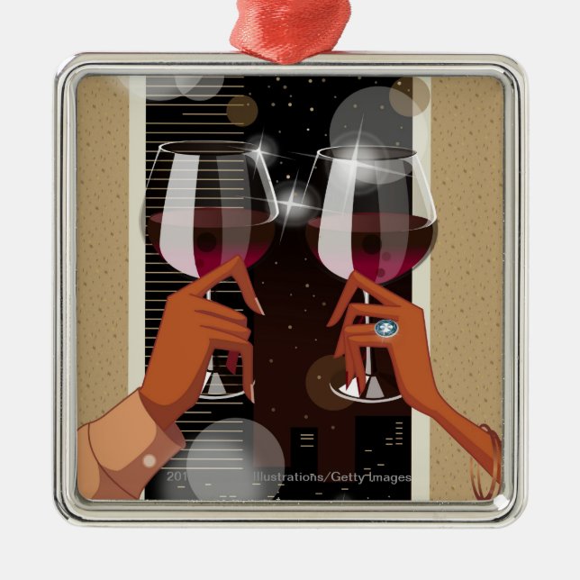 Close-up of a couple's toasting with wine glasses metal ornament (Front)