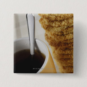 Close-up of a cup of coffee with cookies 15 cm square badge