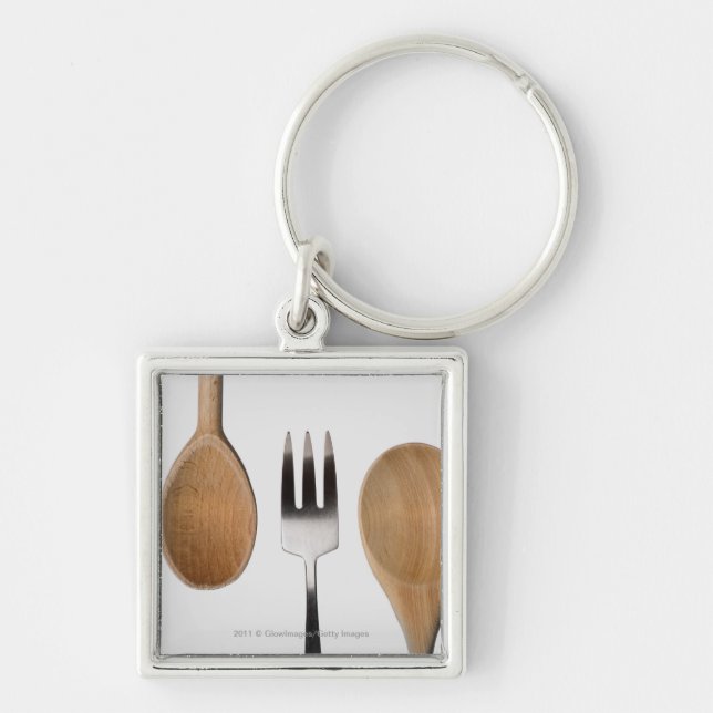 Close-up of a fork with a wooden spoon key ring (Front)
