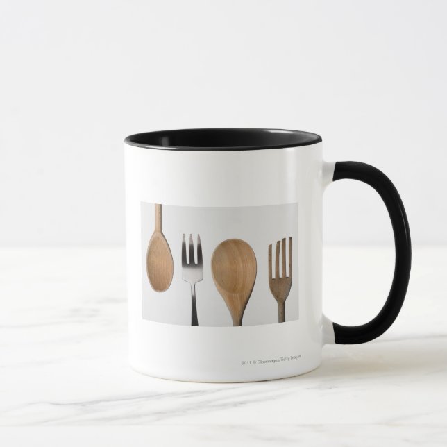 Close-up of a fork with a wooden spoon mug (Right)